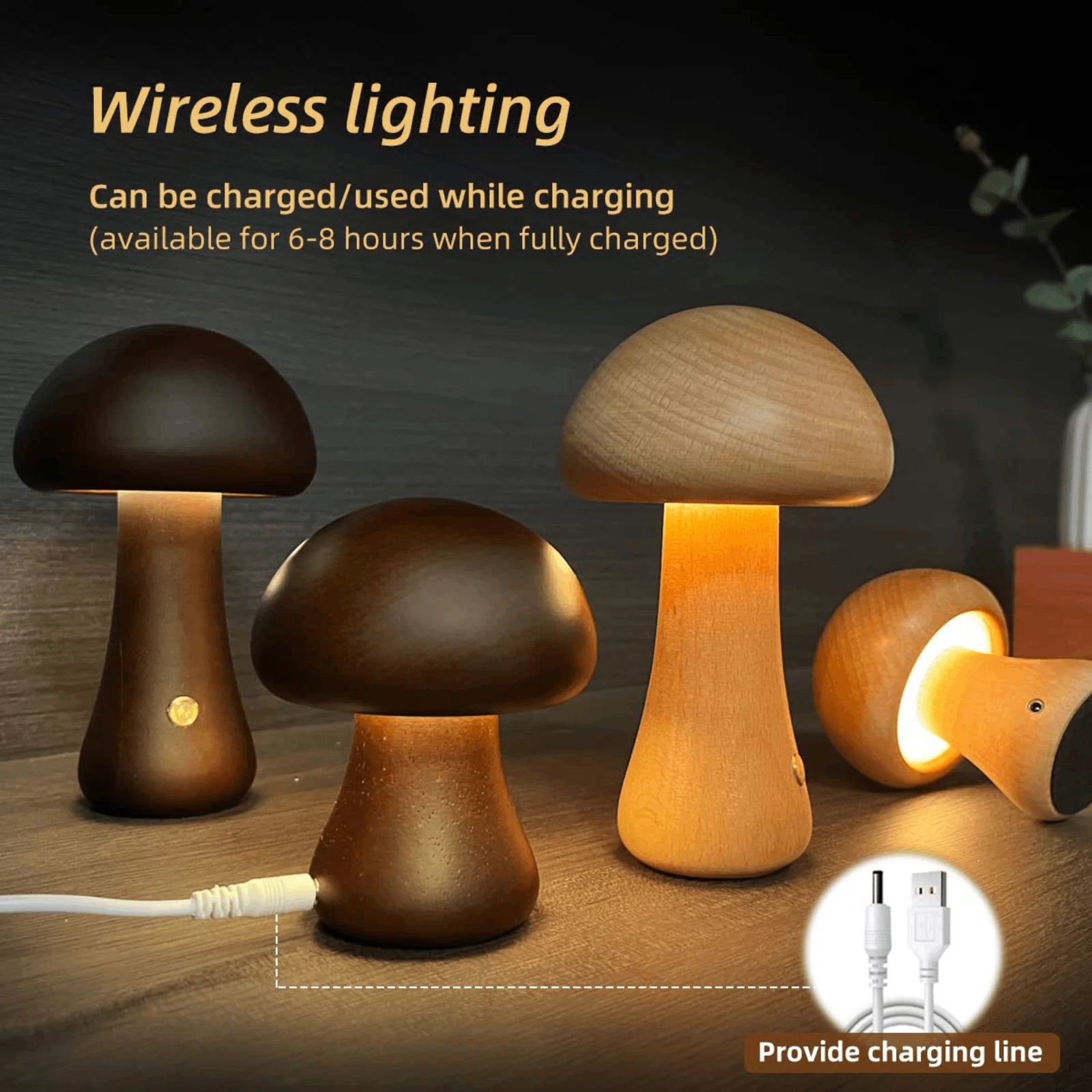 Mushroom Lamp, Dimmable LED Creative Wood Night Light with USB Charging for Home Decor