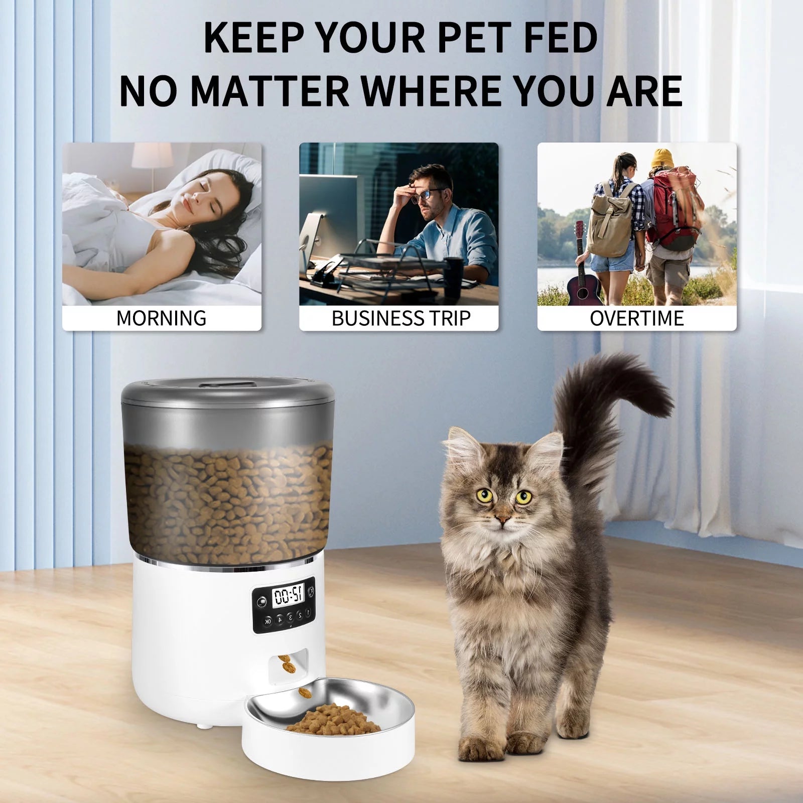 Automatic Cat Feeder, 4L Dual Power Pet Feeder Automatic Dry Food Dispenser, Control 1-4 Meals a Day, Automatic Dog Feeder