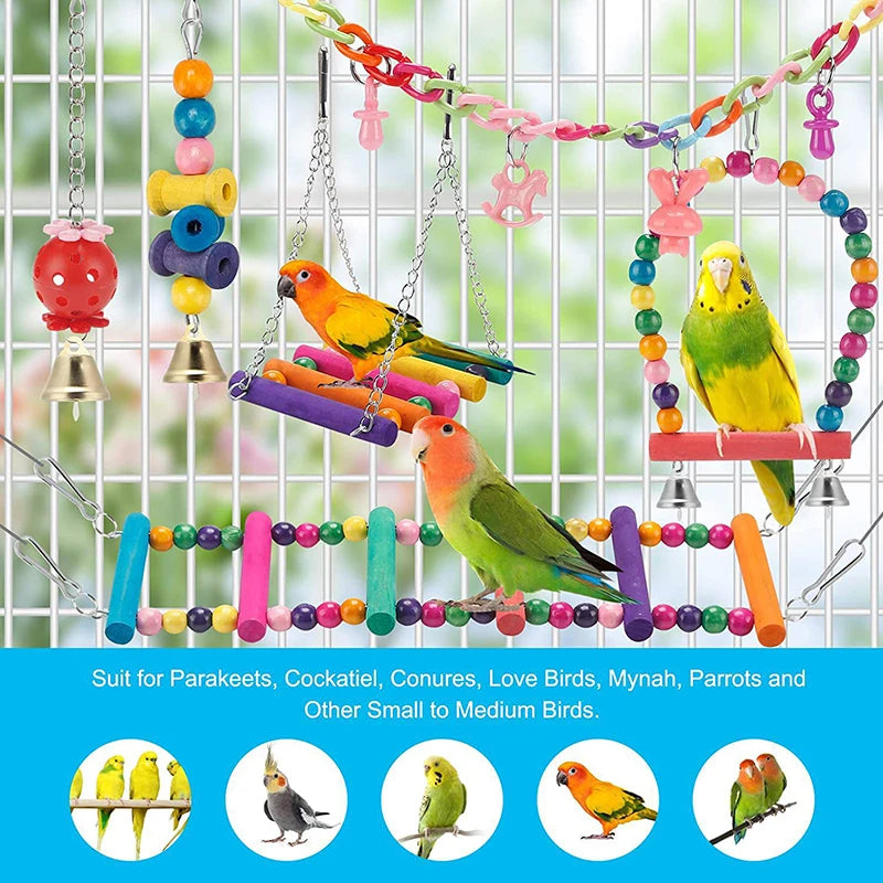 Bird Cage Toys for Parrots Wood Birds Swing Reliable Chewable Bite Bridge Wooden Beads Shape Parrot Toy 11Pcs Bird Toys