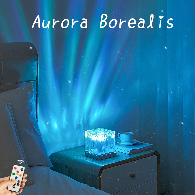 RGB Northern Light Nightlight Water Ripple Atmosphere Rotating LED Crystal Lamp Dynamic Aurora Projector Lamp for Bedroom Decor