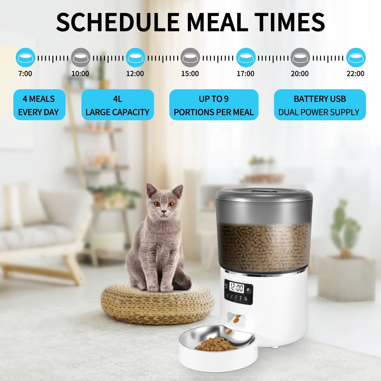 Automatic Cat Feeder, 4L Dual Power Pet Feeder Automatic Dry Food Dispenser, Control 1-4 Meals a Day, Automatic Dog Feeder