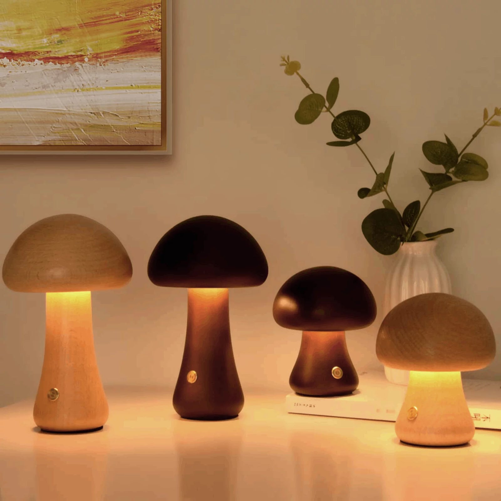 Mushroom Lamp, Dimmable LED Creative Wood Night Light with USB Charging for Home Decor