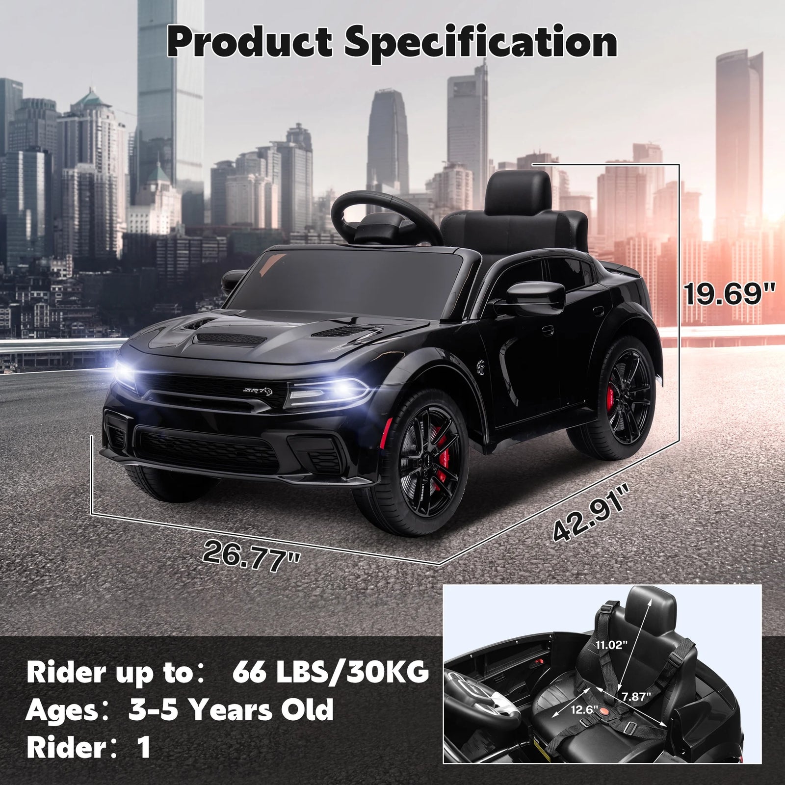 Dodge Electric Ride on Cars for Kids, 12 V Licensed Dodge Charger SRT Powered Ride on Toys Cars with Parent Remote Control, Electric Car for Girls 3-5 W/Music Player/Led Headlights/Safety Belt, Black