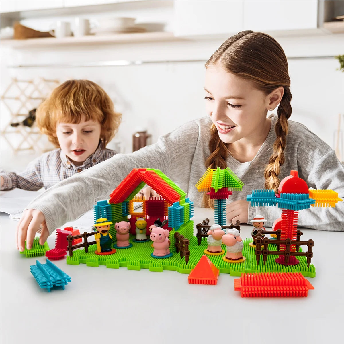100 PC Farm Theme, Hedgehog Building Blocks, Building Toys, Soft Toys for Kids 3+