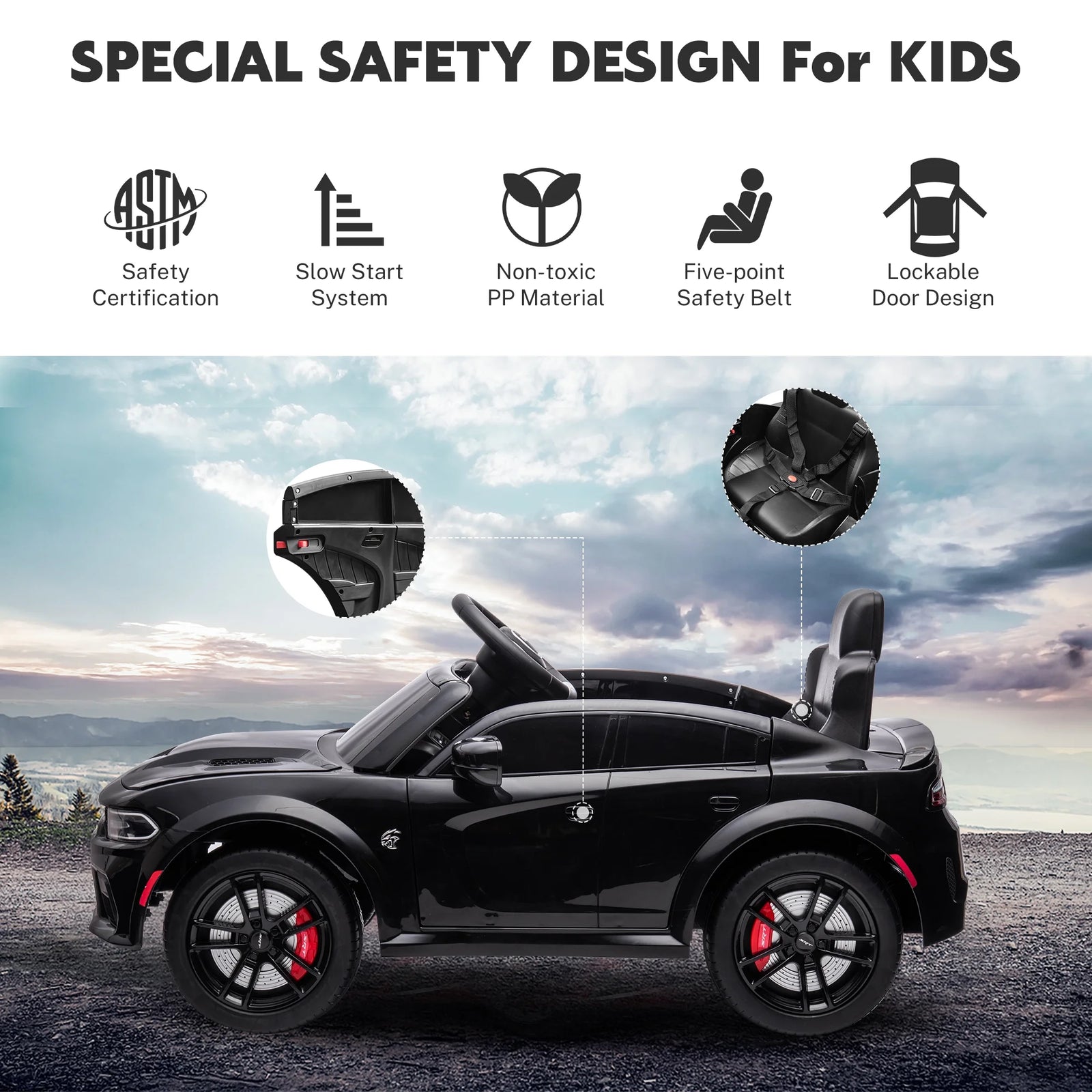 Dodge Electric Ride on Cars for Kids, 12 V Licensed Dodge Charger SRT Powered Ride on Toys Cars with Parent Remote Control, Electric Car for Girls 3-5 W/Music Player/Led Headlights/Safety Belt, Black